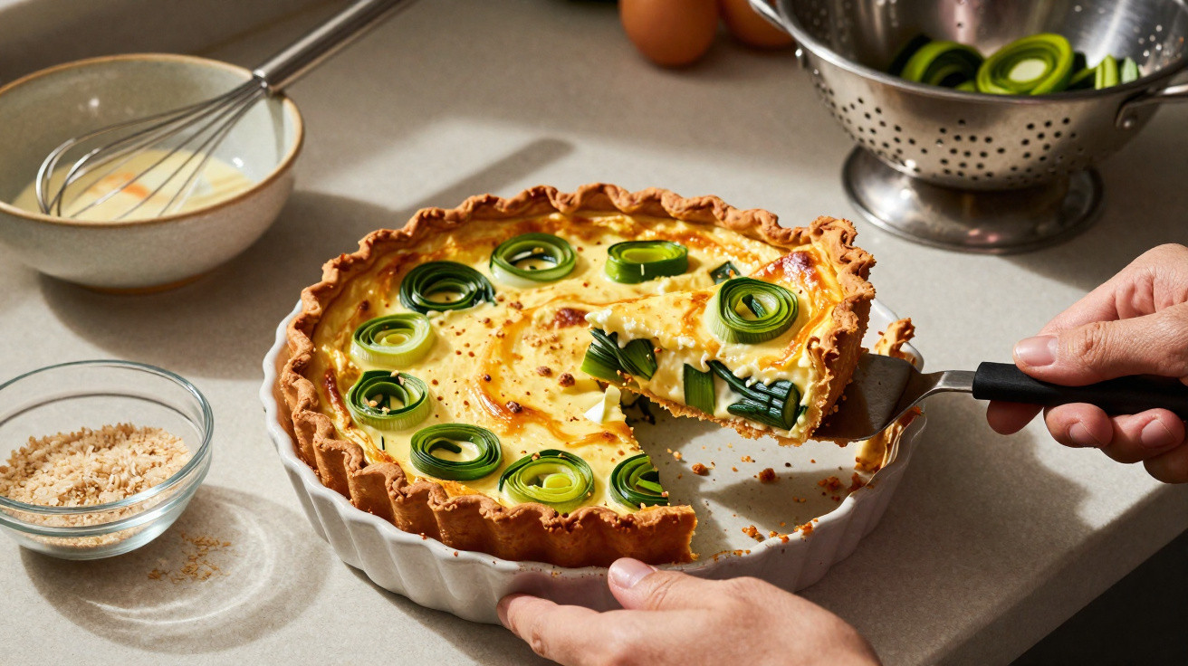 Pessoa retirando fatia de torta salgado com rolinhos de legumes verdes em forma de flor