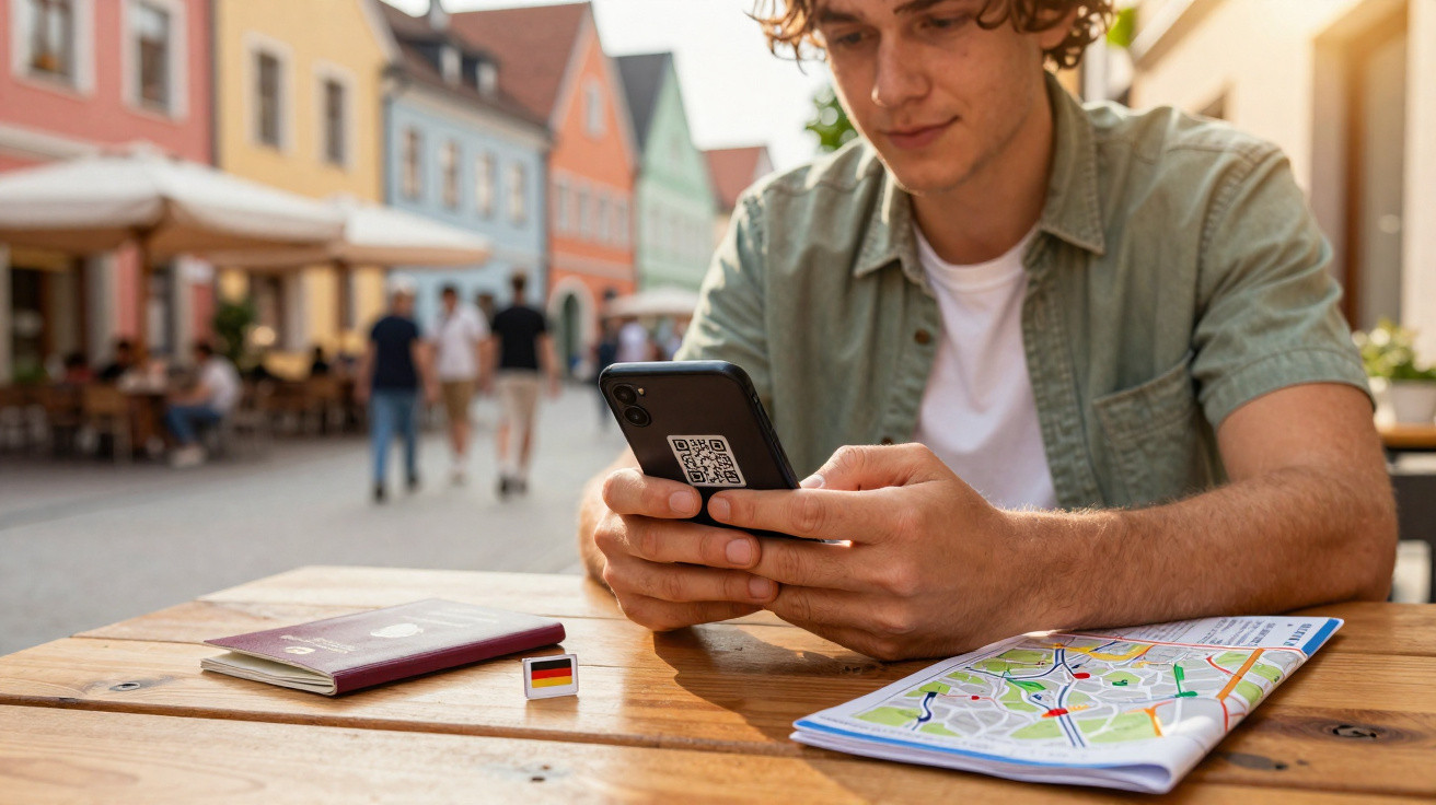 Jovem sentado em mesa ao ar livre com mapa, passaporte e brinquedo, usando celular em rua colorida e movimentada.