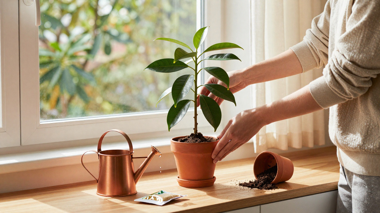 Pessoa cuidando de planta em vaso na janela, com regador e terra em cima do balcão.