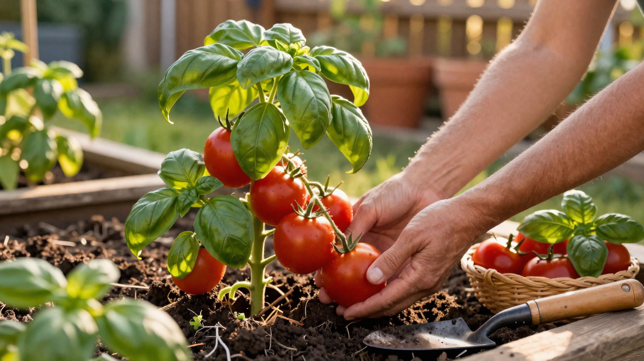 Mãos colhendo tomates maduros em planta com folhas verdes em canteiro de jardim ensolarado.