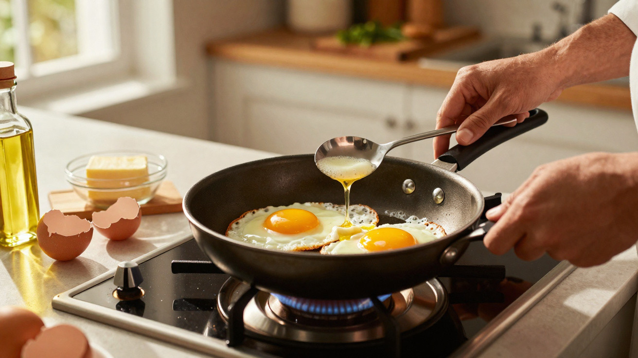 Pessoa fritando ovos em frigideira no fogão a gás, com manteiga e óleo na bancada da cozinha.