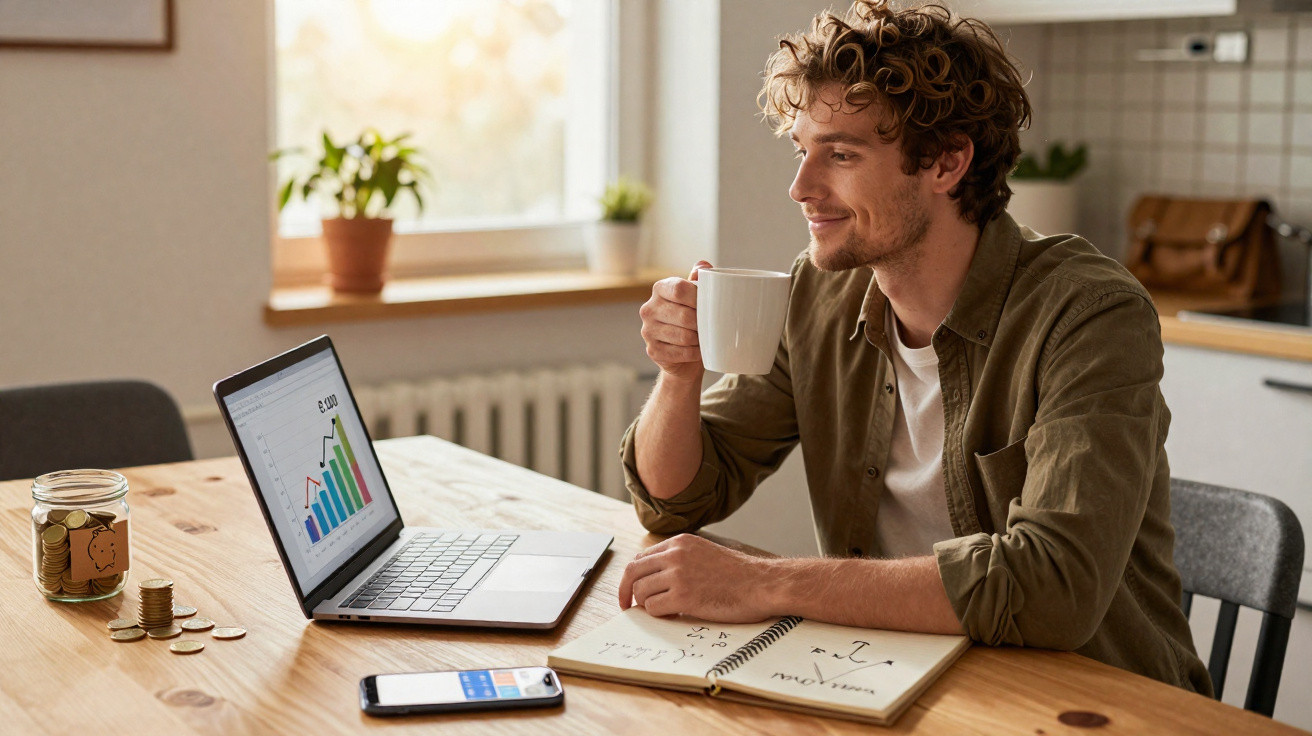 Homem sorridente tomando café enquanto analisa gráficos financeiros em notebook na cozinha.