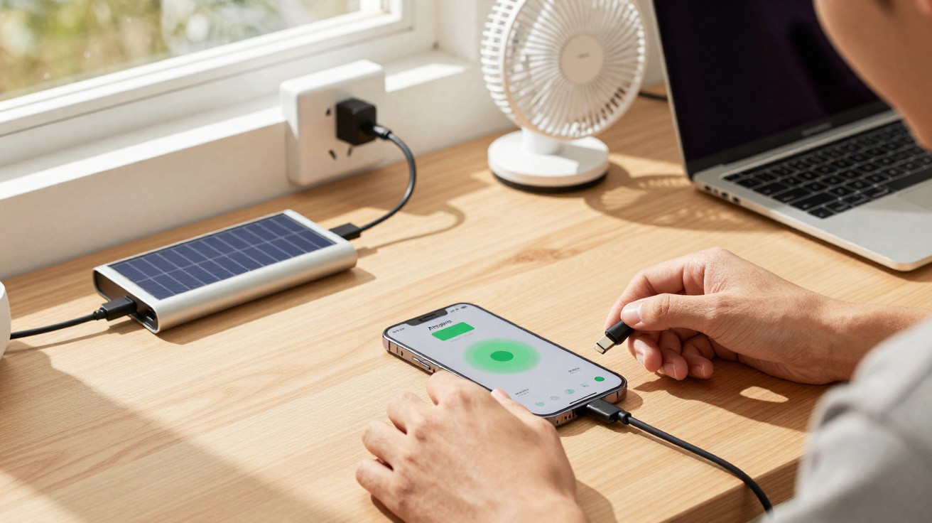Pessoa conectando cabo USB-C para carregar celular com power bank solar em mesa de madeira.