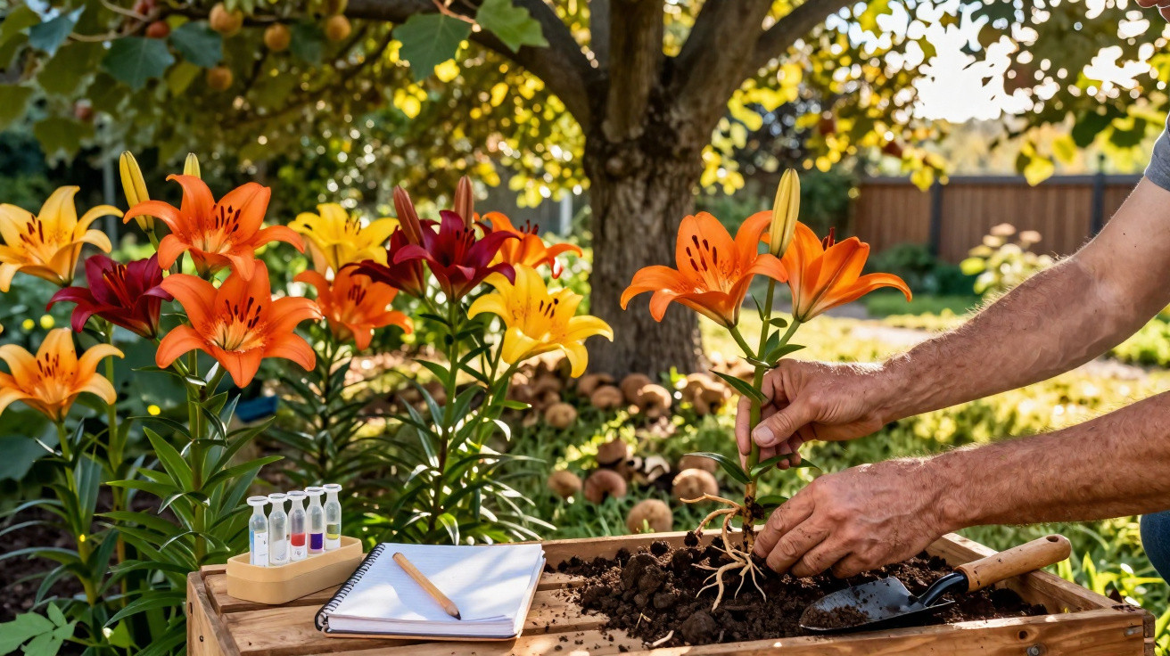Pessoa transplantando lírio laranja em jardim com flores, caderno, lápis e kit pequeno de testes.