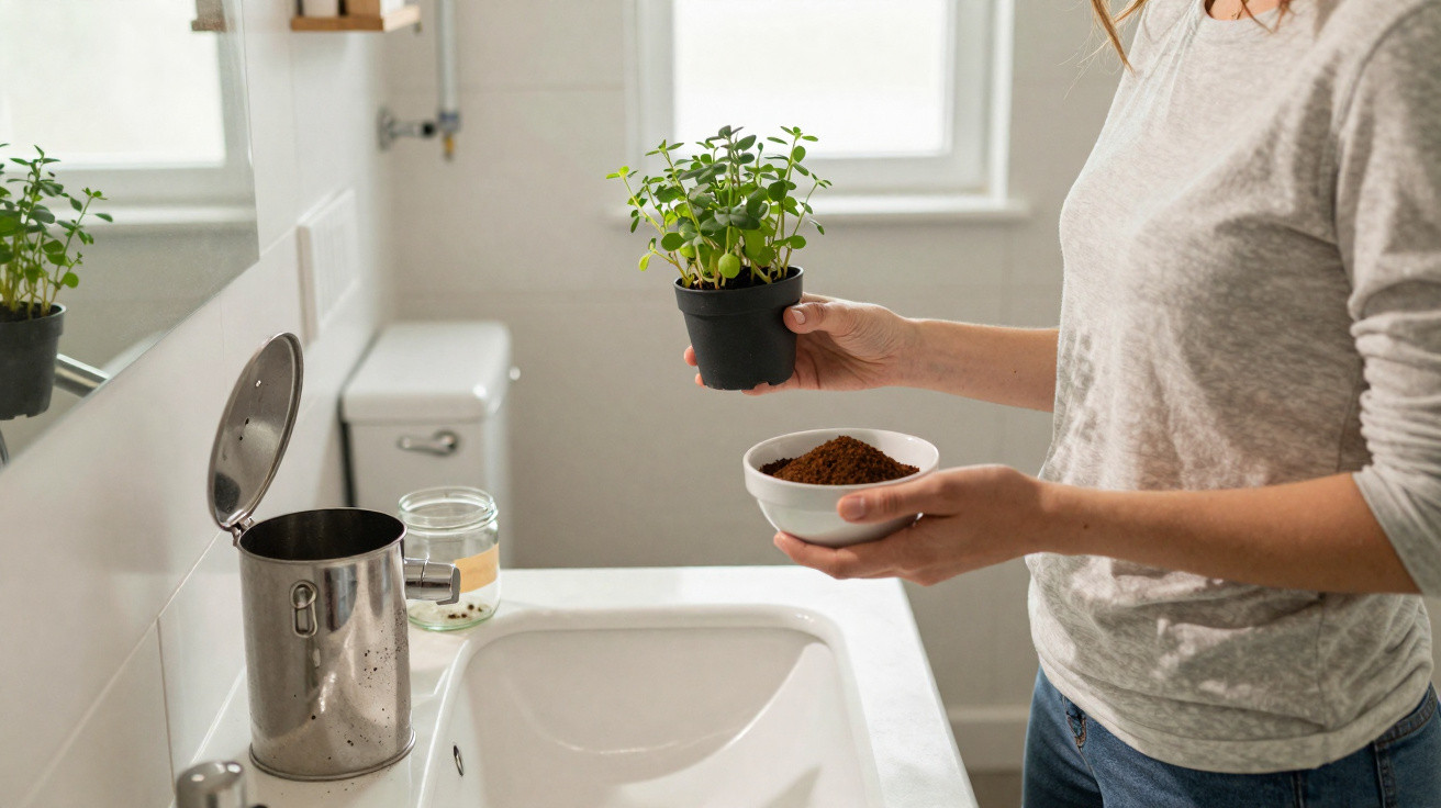 Pessoa transplantando muda de planta em vaso pequeno dentro de banheiro com pia branca e janela ao fundo.