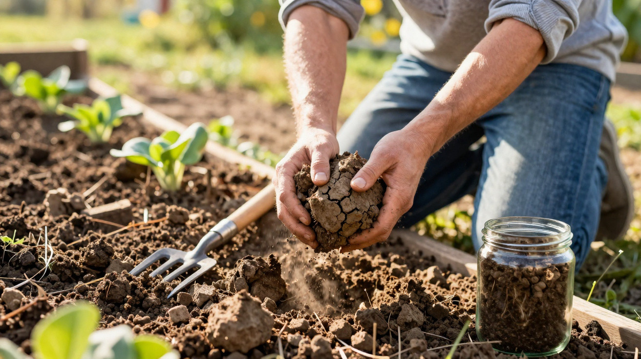 Pessoa trabalhando com terra em jardim, preparando solo para plantar mudas verdes em canteiro.