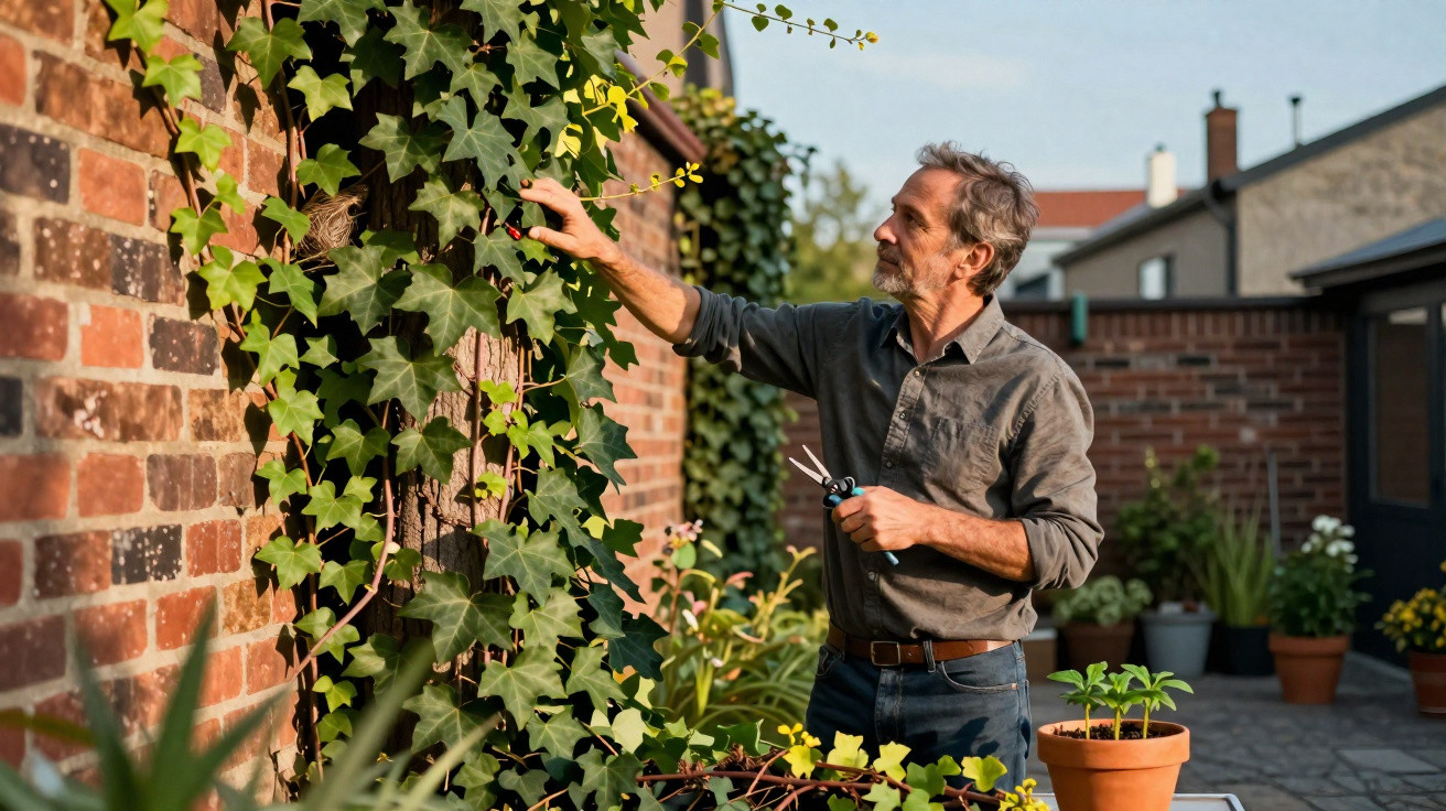 Homem cuidando de planta trepadeira em jardim externo com tijolos aparentes ao fundo.