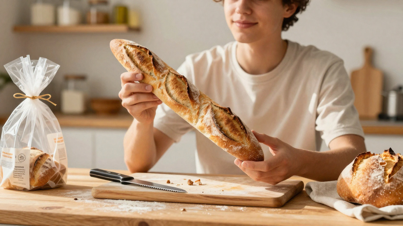 Pessoa segurando baguete fresca em cozinha com faca e pão sobre bancada de madeira.
