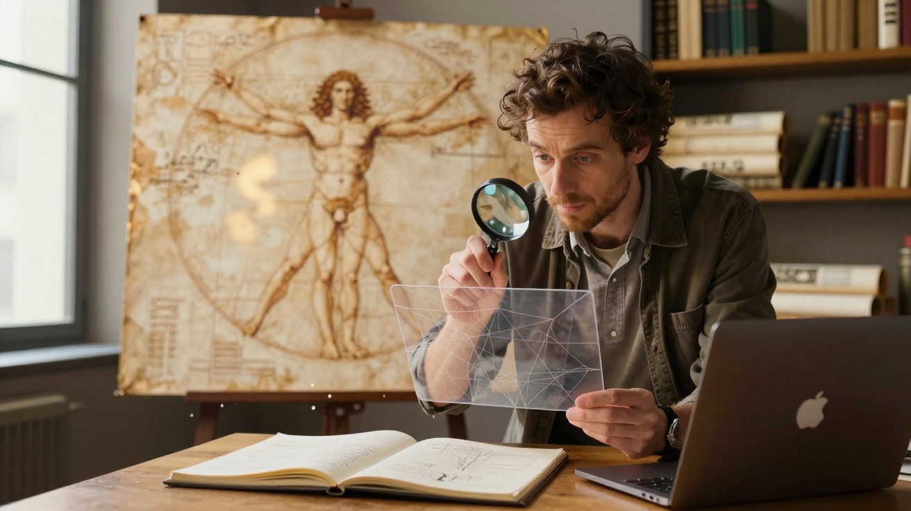 Homem pesquisador usando lupa para analisar gráfico transparente em mesa com livro e notebook.