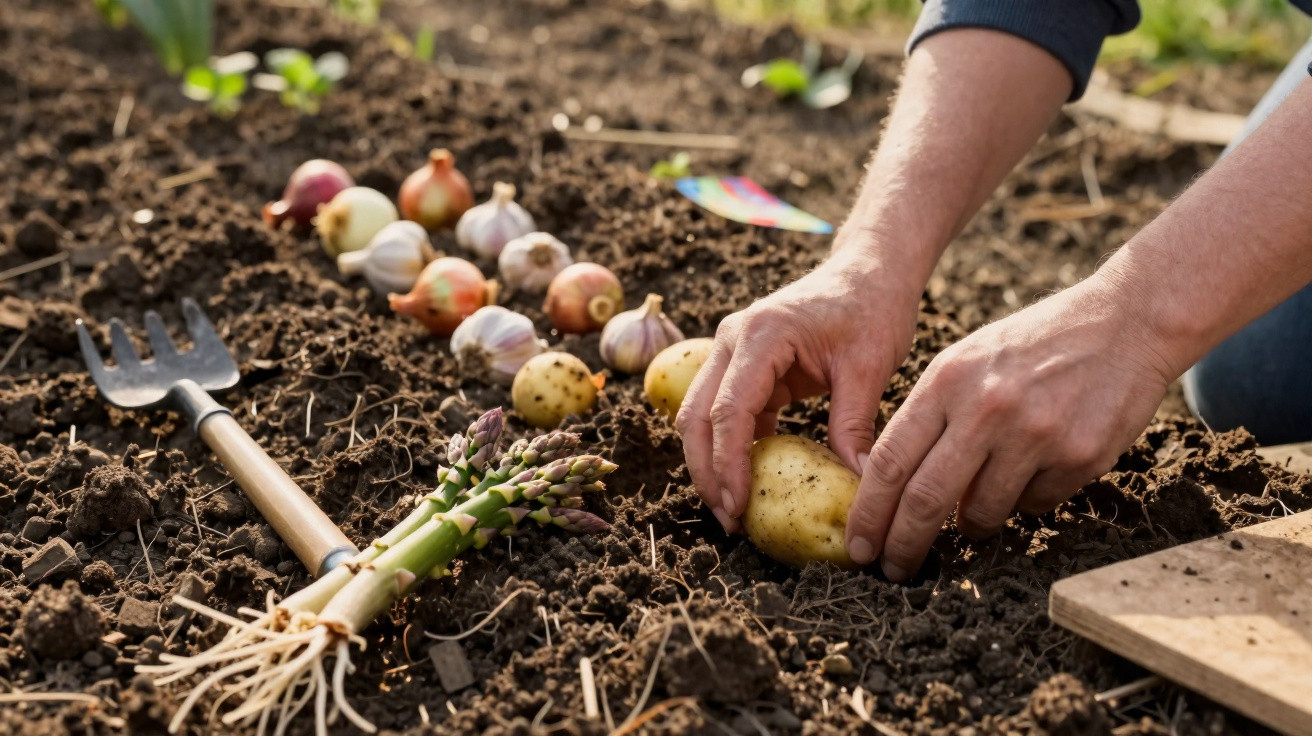 Mãos plantando batatas em solo, cercadas por aspargos, cebolas, alho e ferramenta de jardinagem.