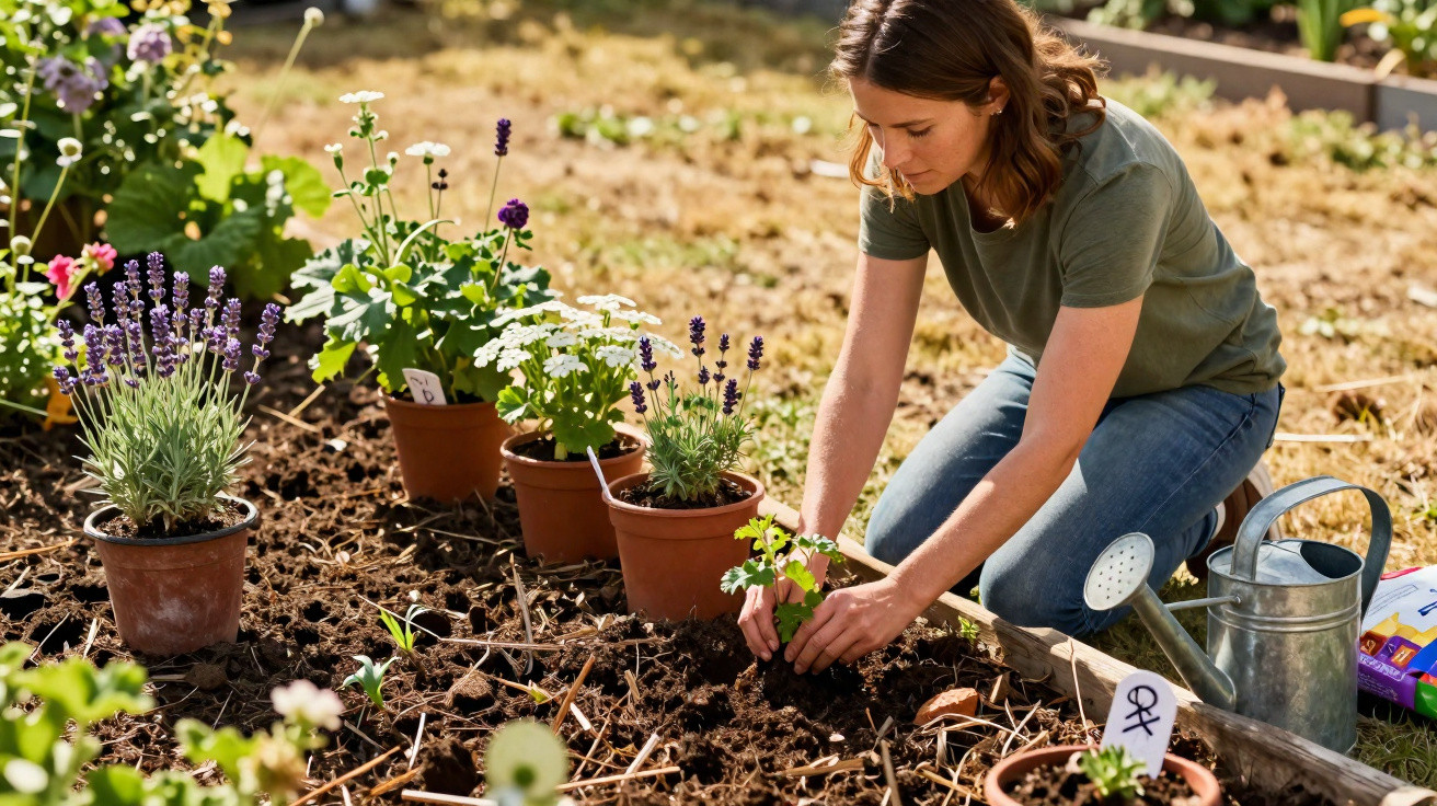 Mulher plantando mudas em canteiro de jardim com regador e vasos ao redor em dia ensolarado.