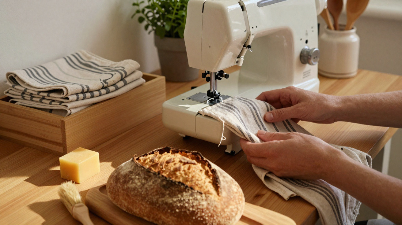 Pessoa costurando tecido listrado em máquina de costura, com pão caseiro e utensílios na mesa de madeira.