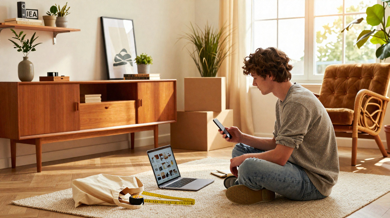 Jovem sentado no chão de sala com laptop e celular, cercado por caixas e decoração de plantas.