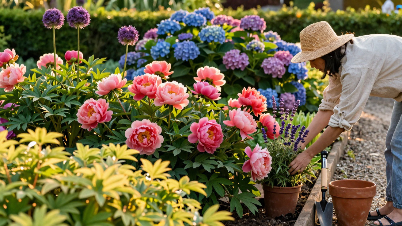 Mulher jardineira com chapéu cuida de plantas e flores coloridas em canteiro ensolarado.