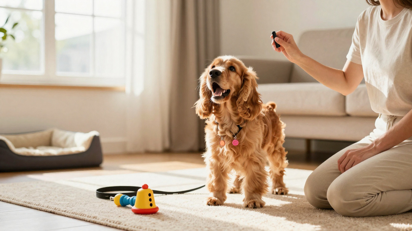Mulher treinando cachorro da raça cocker spaniel dentro de casa, com brinquedo no tapete.
