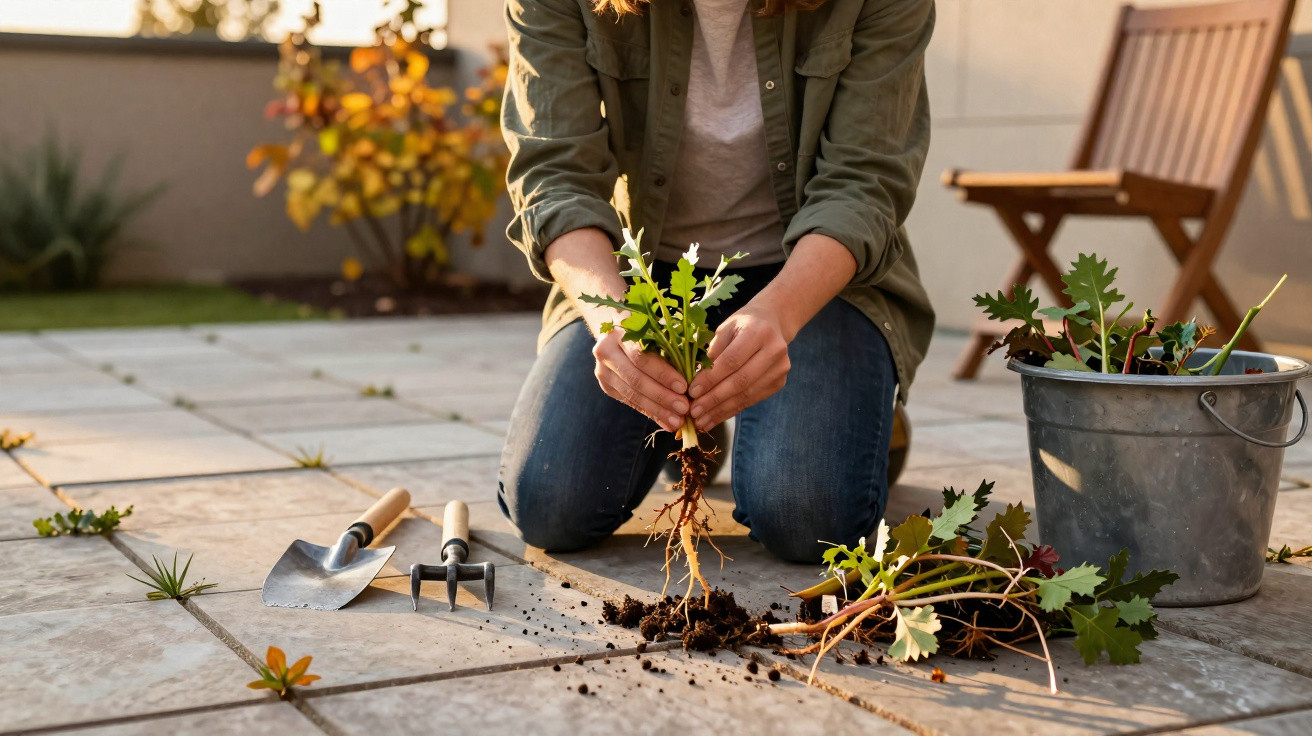 Pessoa ajoelhada no chão removendo plantas daninhas entre as lajotas do pátio com ferramentas de jardinagem ao lado.