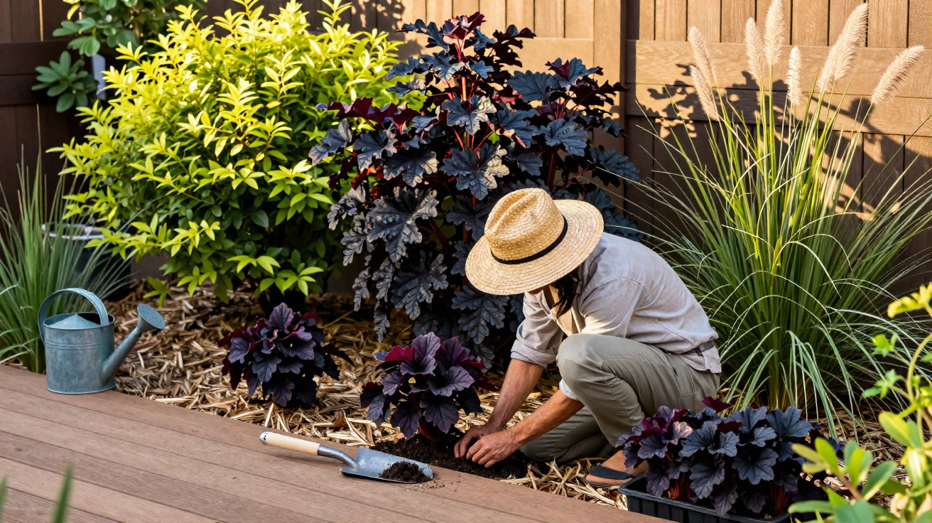 Pessoa de chapéu cuidando de plantas em jardim com cerca de madeira e regador ao lado.