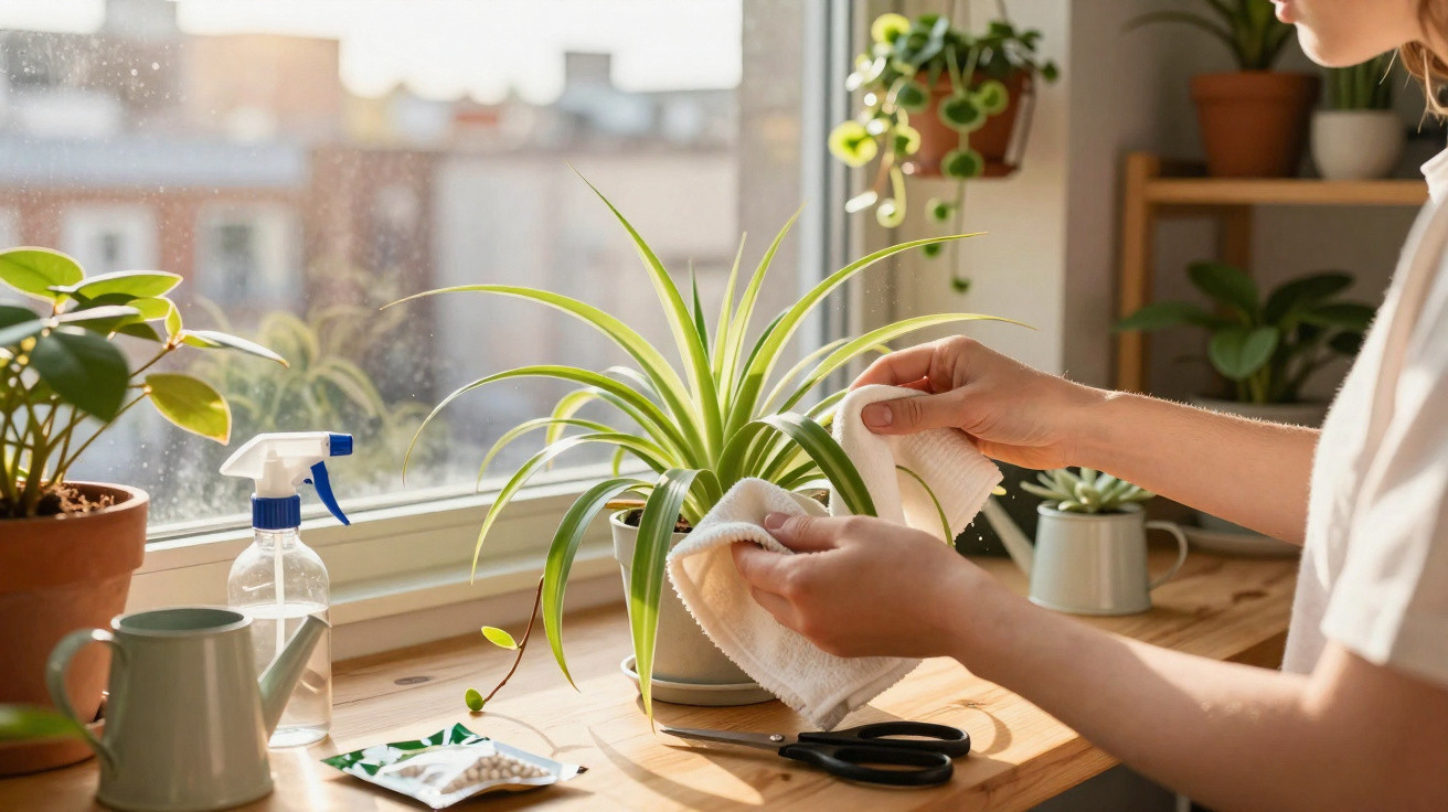 Pessoa limpando folhas de planta em vaso perto da janela com utensílios de jardinagem ao redor.
