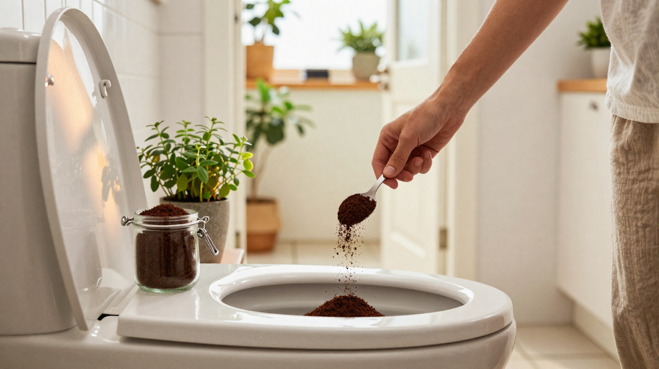 Pessoa despejando borra de café no vaso sanitário de banheiro claro com plantas ao fundo.