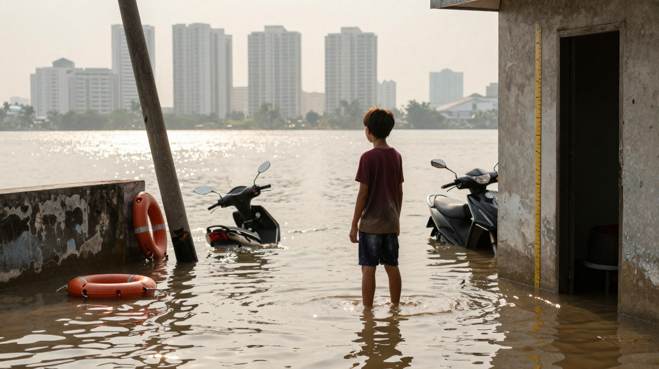 Menino de pé em água de enchente, motos parcialmente submersas e prédios ao fundo em dia nublado.