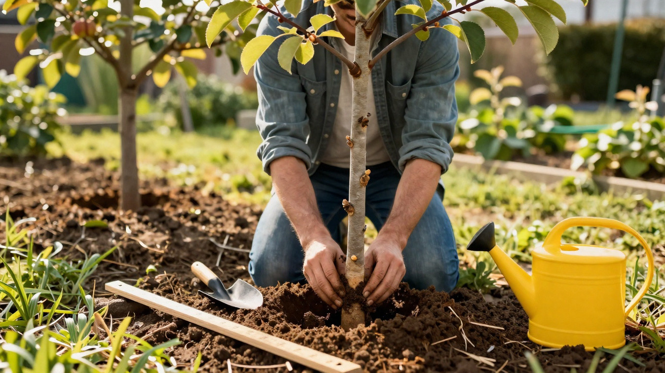 Pessoa plantando muda de árvore jovem em jardim com regador amarelo e pá ao lado.