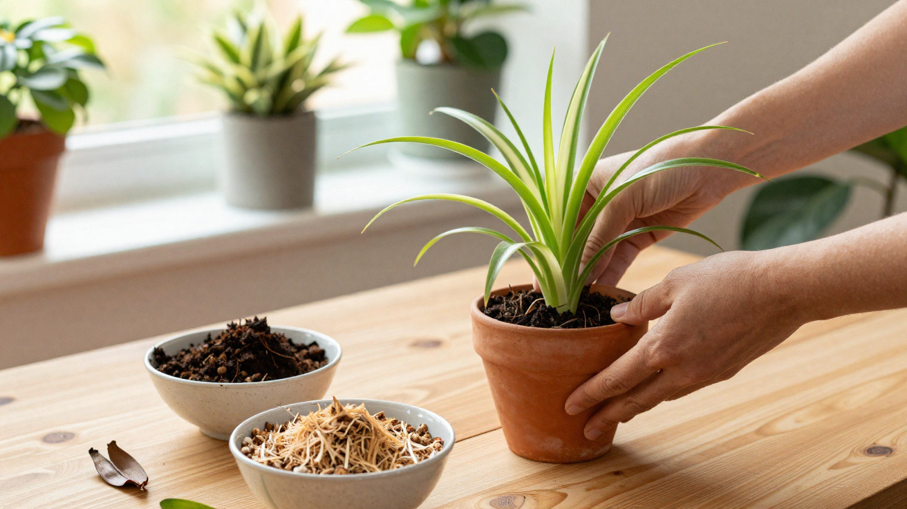 Mãos posicionando planta em vaso de barro sobre mesa de madeira, com recipientes de solo e sementes ao lado.