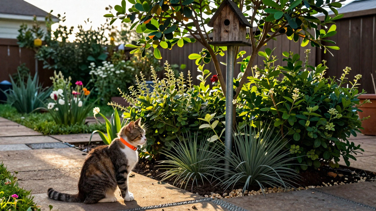 Gato com coleira laranja sentado em jardim com vasos, plantas e caixa de pássaros ao fundo.