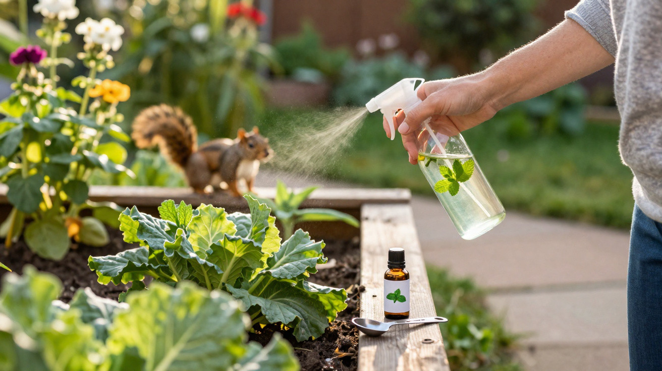 Pessoa borrifando solução com folhas de hortelã em plantas de horta com esquilo ao fundo.