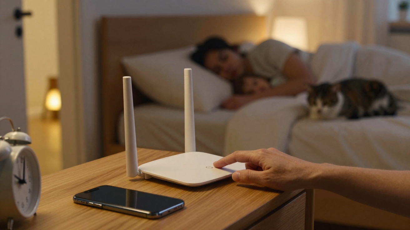 Pessoa ajustando roteador Wi-Fi em mesa de cabeceira com cama, gato e celular ao fundo em quarto escuro.