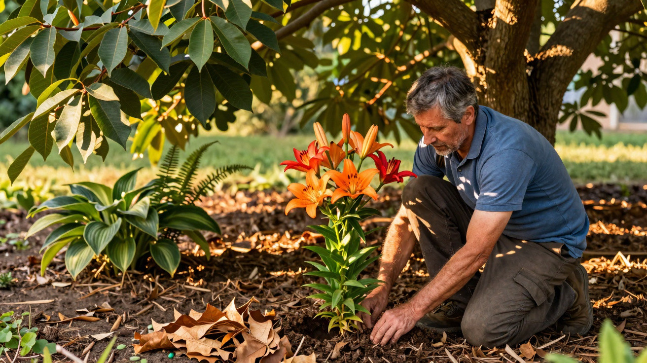 Homem cuidando de flores laranja no jardim sob sombra de árvore ao entardecer.