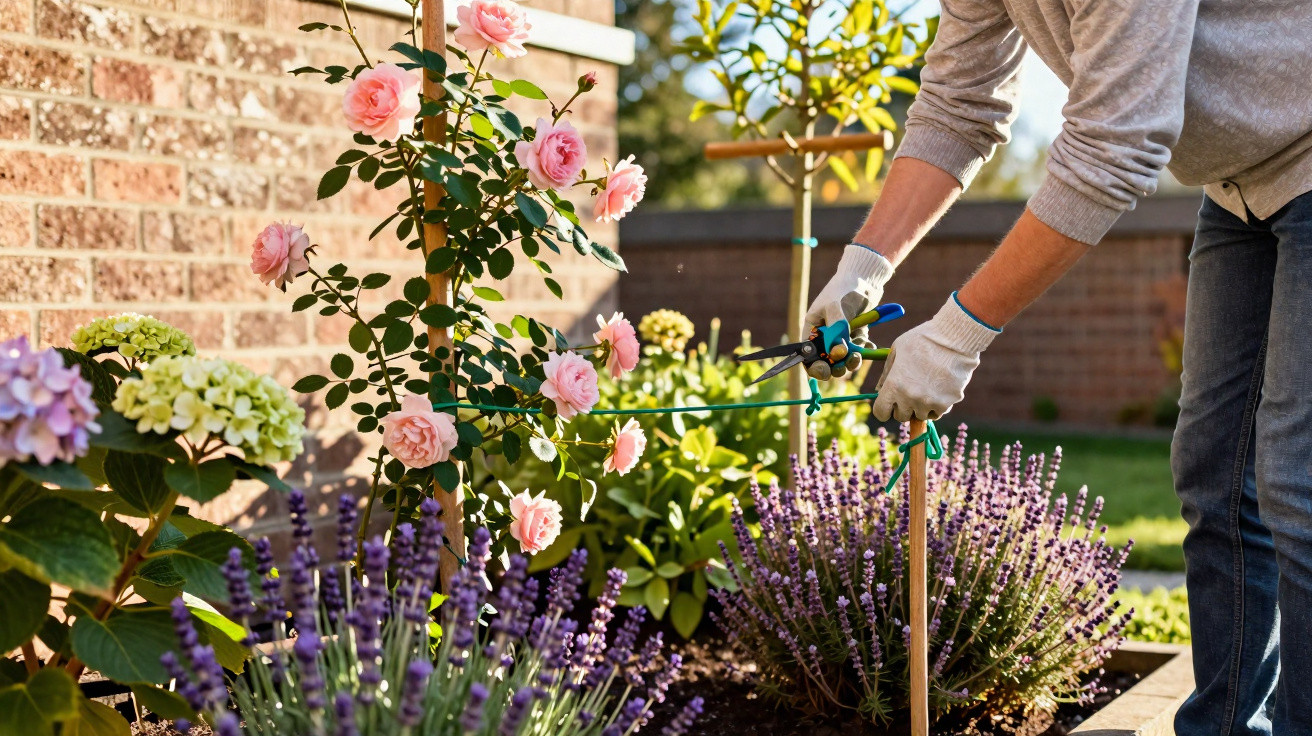 Pessoa podando rosas cor-de-rosa em jardim com lavanda e hortênsias ao lado de uma parede de tijolos.