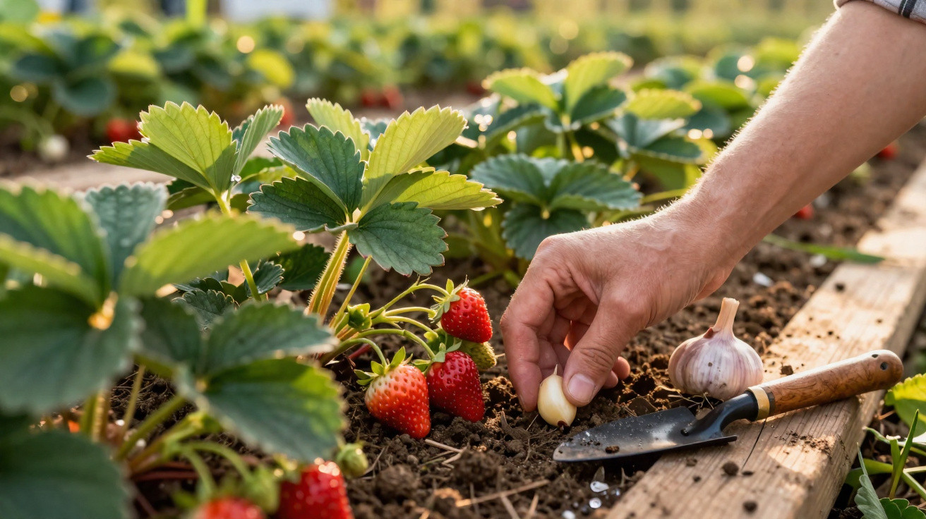 Mão plantando dente de alho no solo próximo a pés de morango maduros em canteiro de madeira.