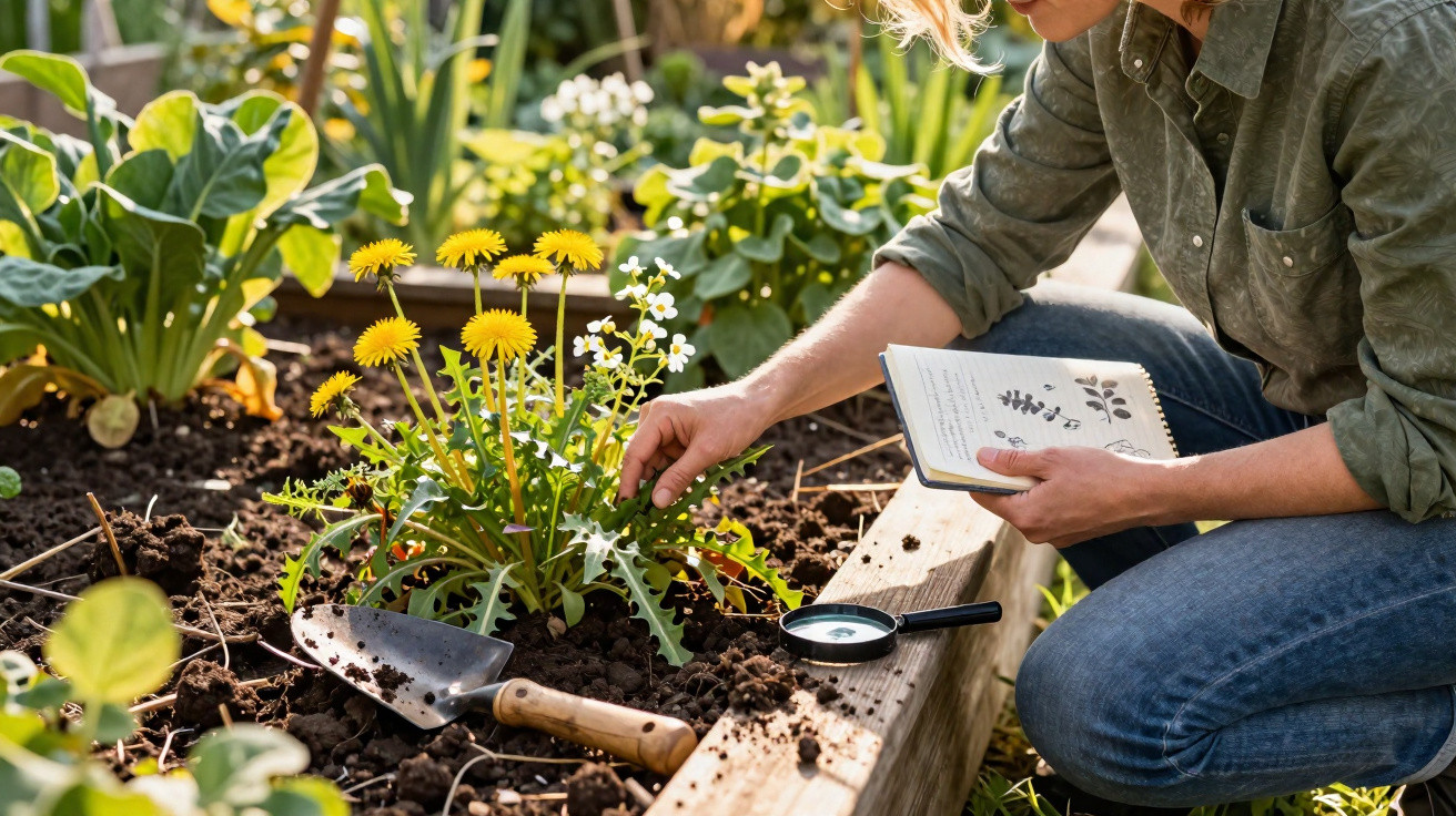 Pessoa cuidando de plantas com flores amarelas, consultando livro de botânica em canteiro de jardim.