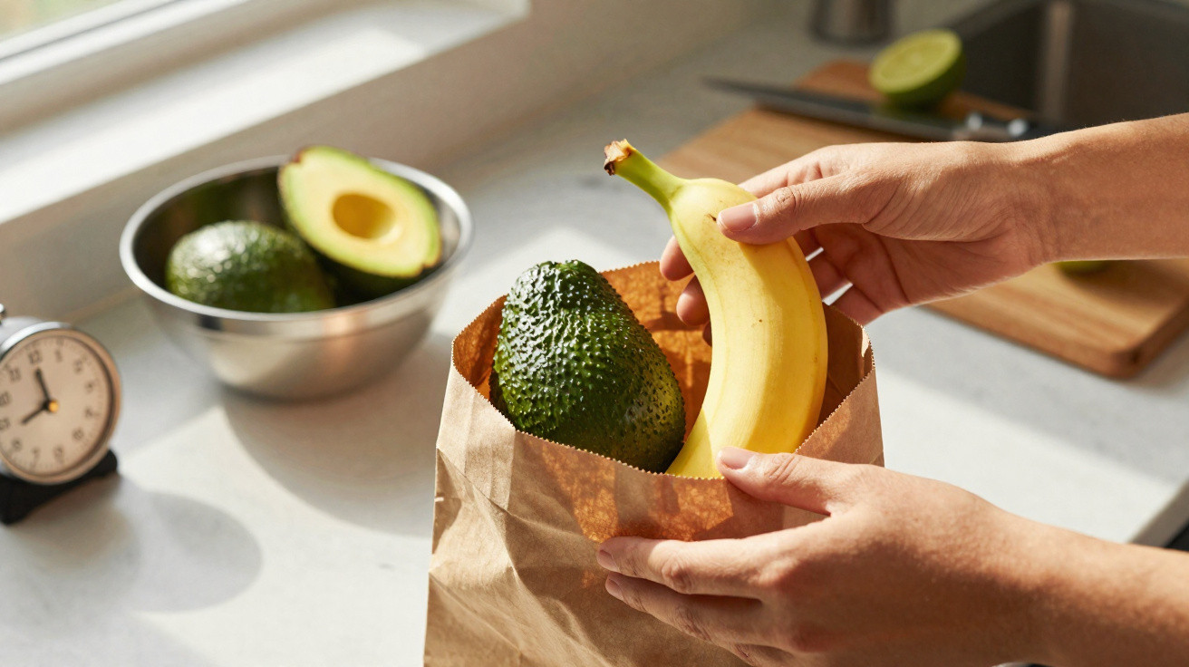Mãos colocando banana e abacate em sacola de papel, com tigela e relógio ao fundo na bancada da cozinha.
