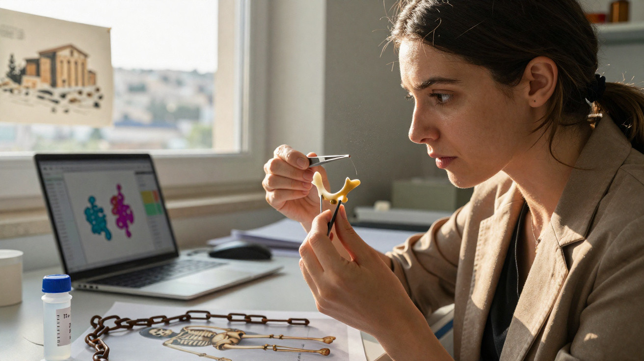 Mulher analisando cuidadosamente uma peça arqueológica em laboratório com computador e esqueleto na mesa.