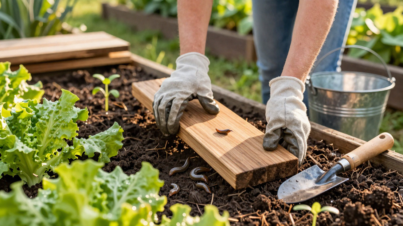 Pessoa com luvas de jardinagem preparando solo com minhocas em canteiro, lata e pá ao lado.