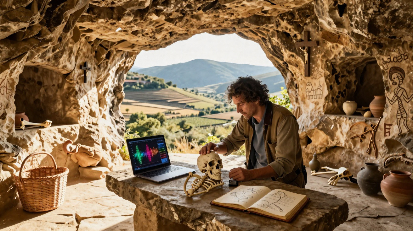 Homem estudando esqueleto humano em caverna com laptop e livro, com paisagem montanhosa ao fundo.