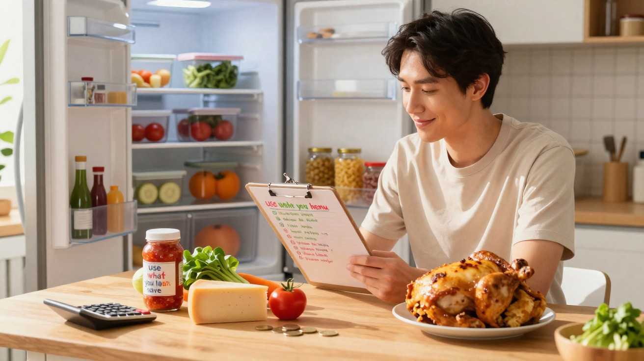 Homem sentado à mesa lendo lista de ingredientes com geladeira aberta e alimentos ao redor na cozinha.