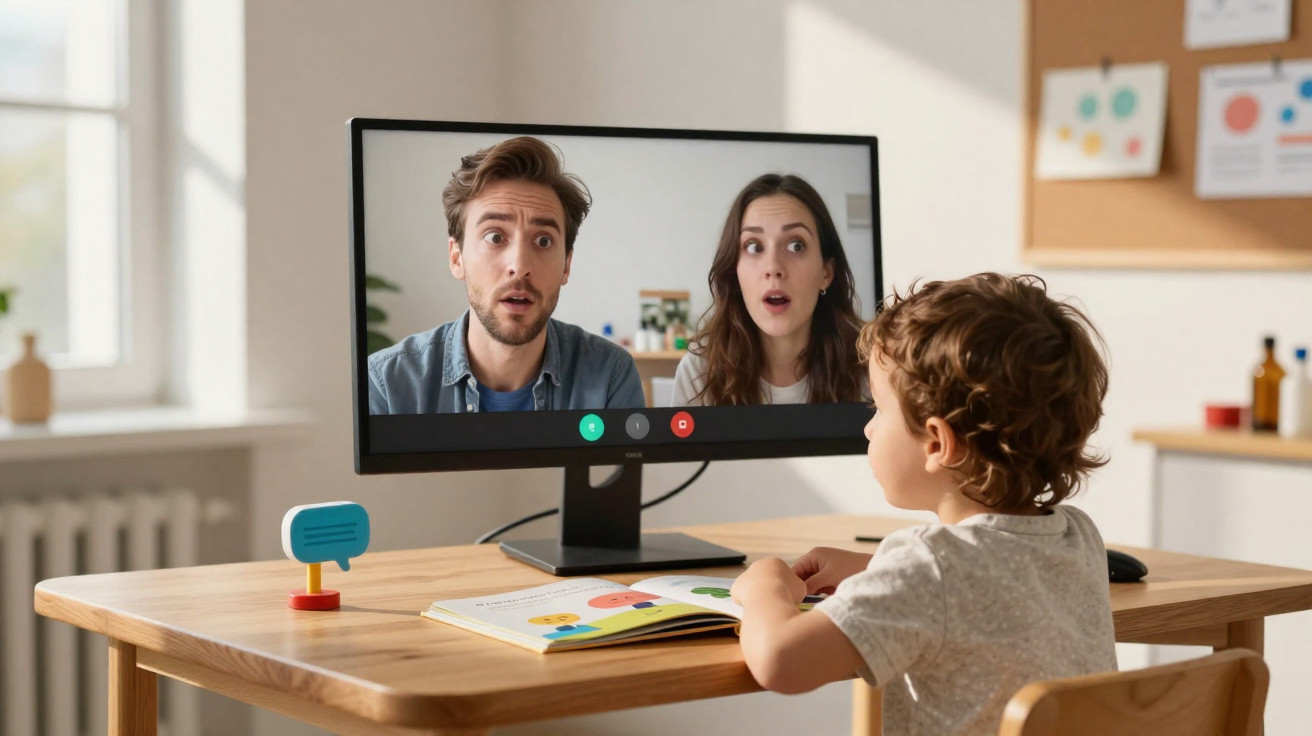 Criança sentada em mesa assistindo a vídeo chamada com dois adultos surpresos na tela do computador.