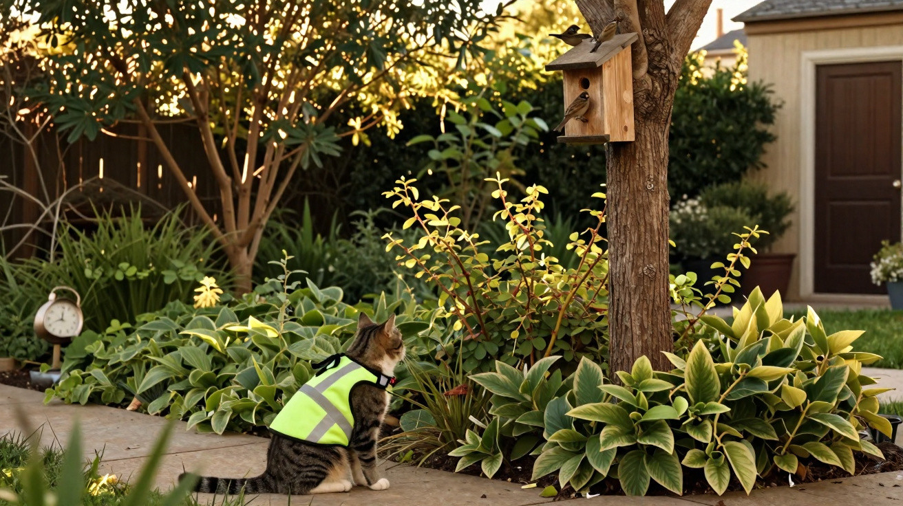 Gato com colete refletivo observa pássaros em caixa-ninho presa a árvore em jardim ao entardecer.