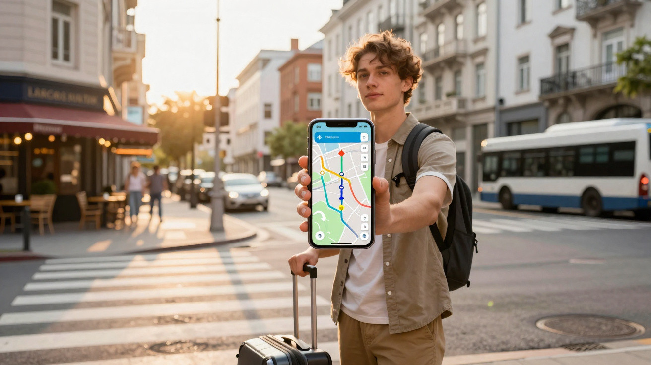 Jovem com mochila e mala mostra mapa de navegação no celular em rua movimentada ao entardecer.