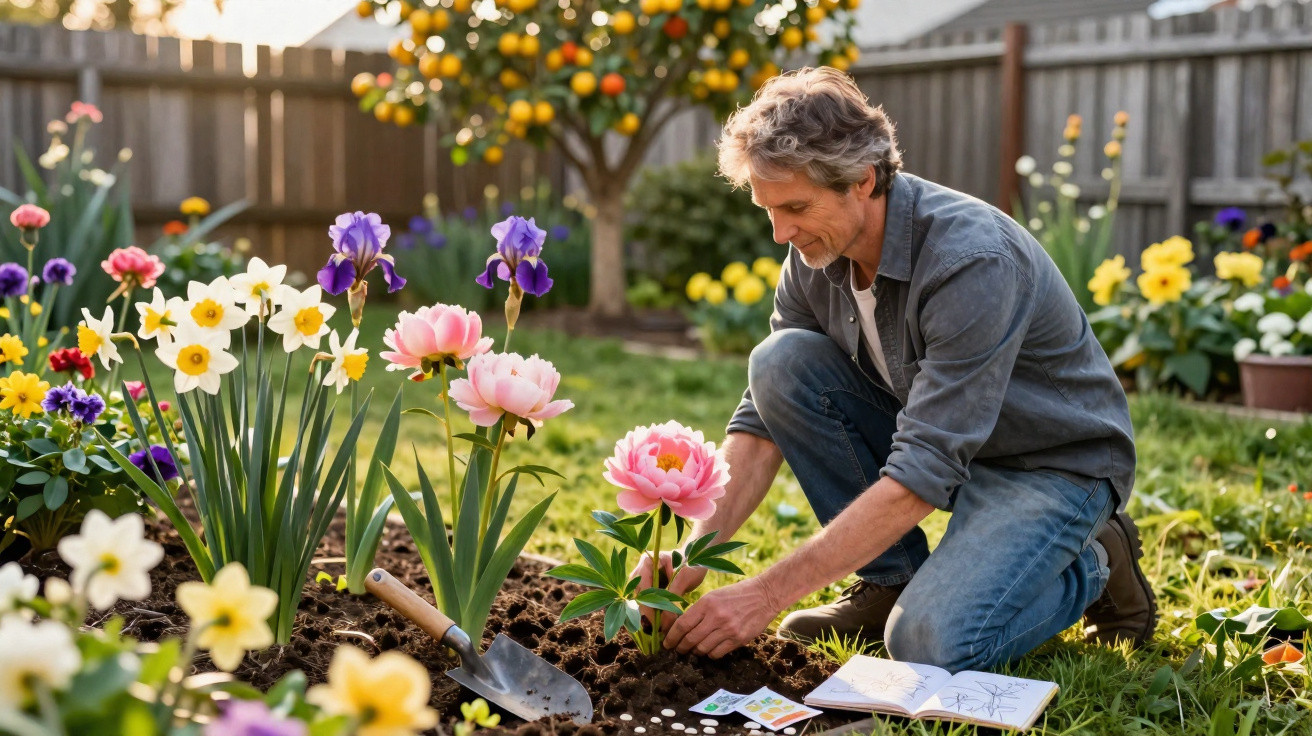Homem cuidando de flores coloridas em jardim ensolarado com pá e sementes no chão.