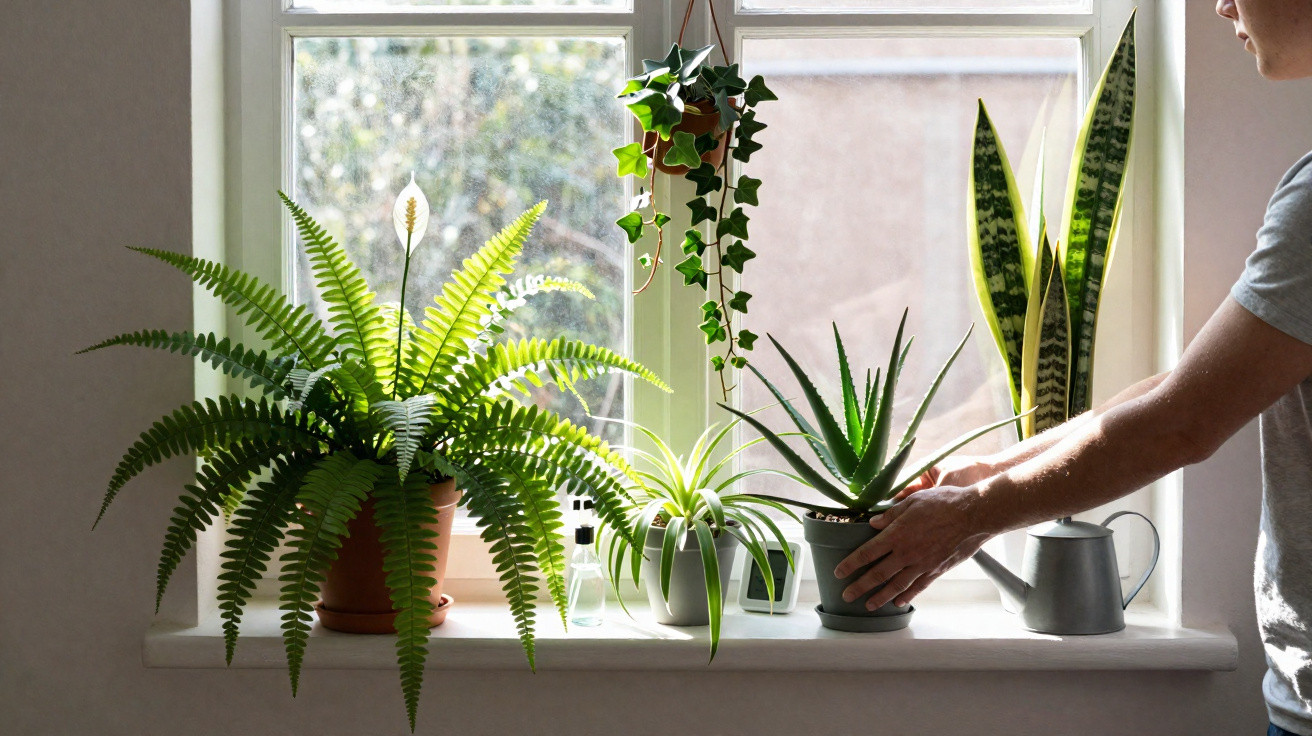 Pessoa cuidando de plantas diversas em janela com luz natural em ambiente interno.