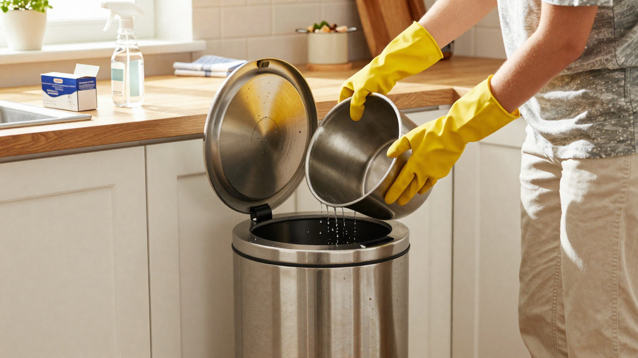 Pessoa com luvas amarelas descartando água usada de panela em lixo de inox na cozinha.