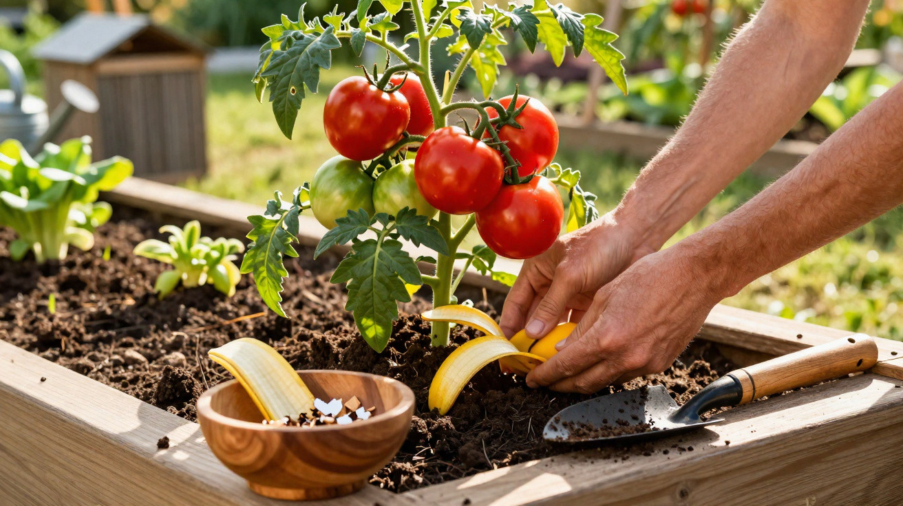 Mãos seguram uma muda de tomate vermelho em canteiro com terra, ao lado de uma tigela de madeira e uma pá de jardinagem.