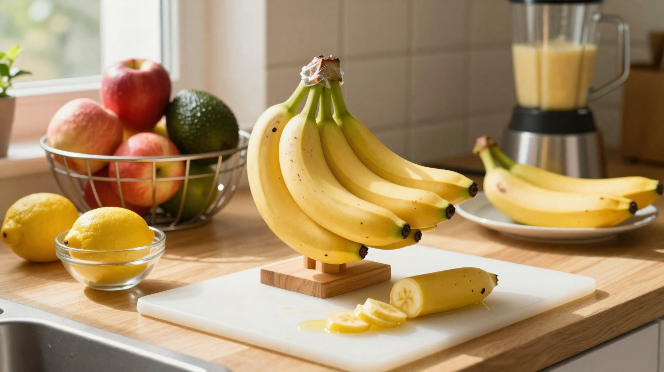 Bananas penduradas em suporte, banana cortada em fatias, tigela com limões e frutas variadas em bancada de cozinha.