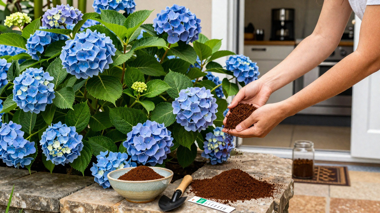 Pessoa colocando substrato para hortênsias azuis em vaso de pedra ao ar livre, com utensílios de jardinagem.