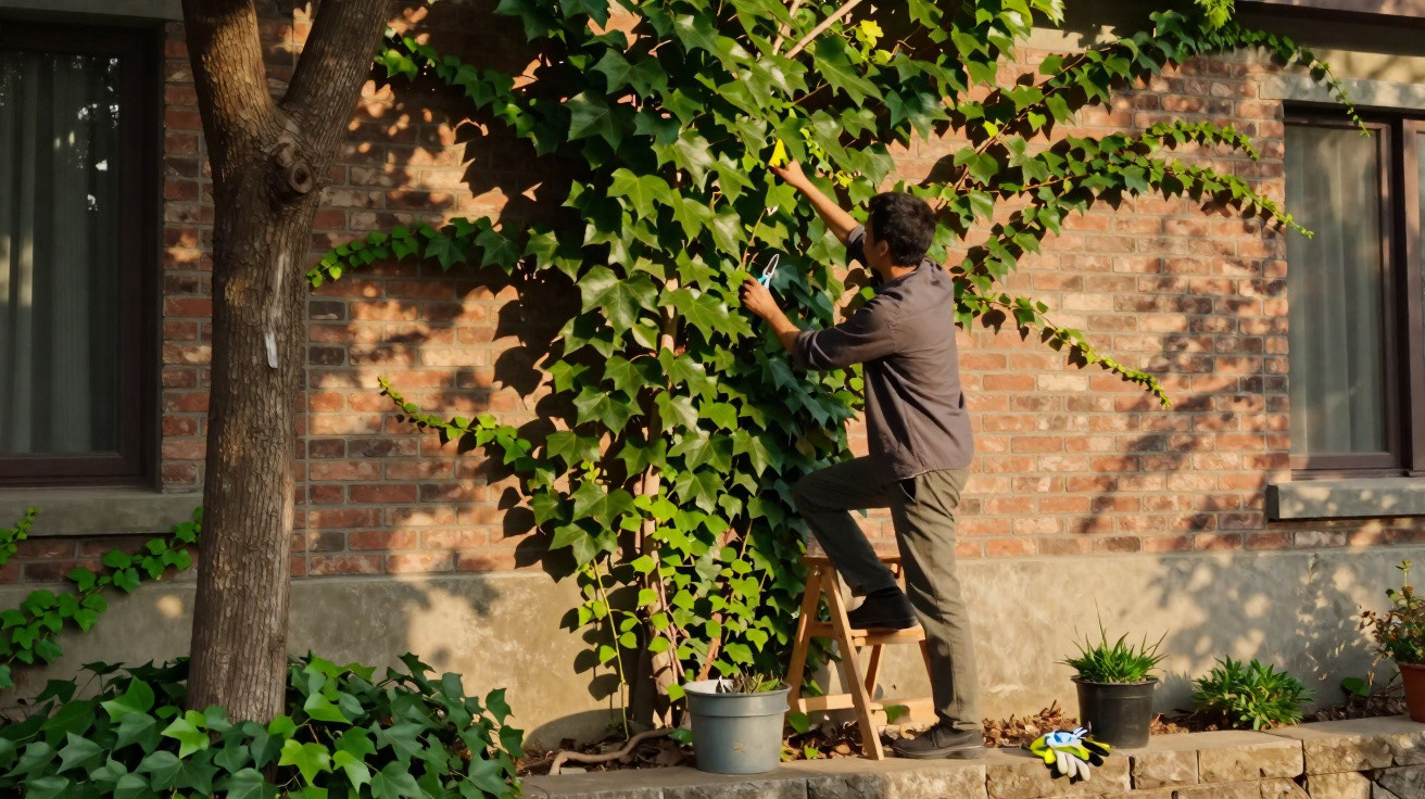 Homem em escada cuidando de planta trepadeira em parede de tijolos ao lado de uma árvore.