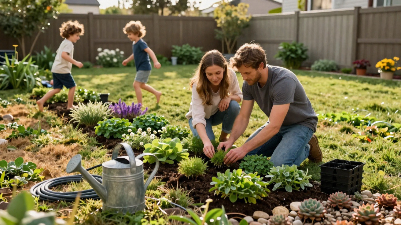 Casal cuidando de plantas em jardim enquanto duas crianças brincam ao fundo em quintal ensolarado.