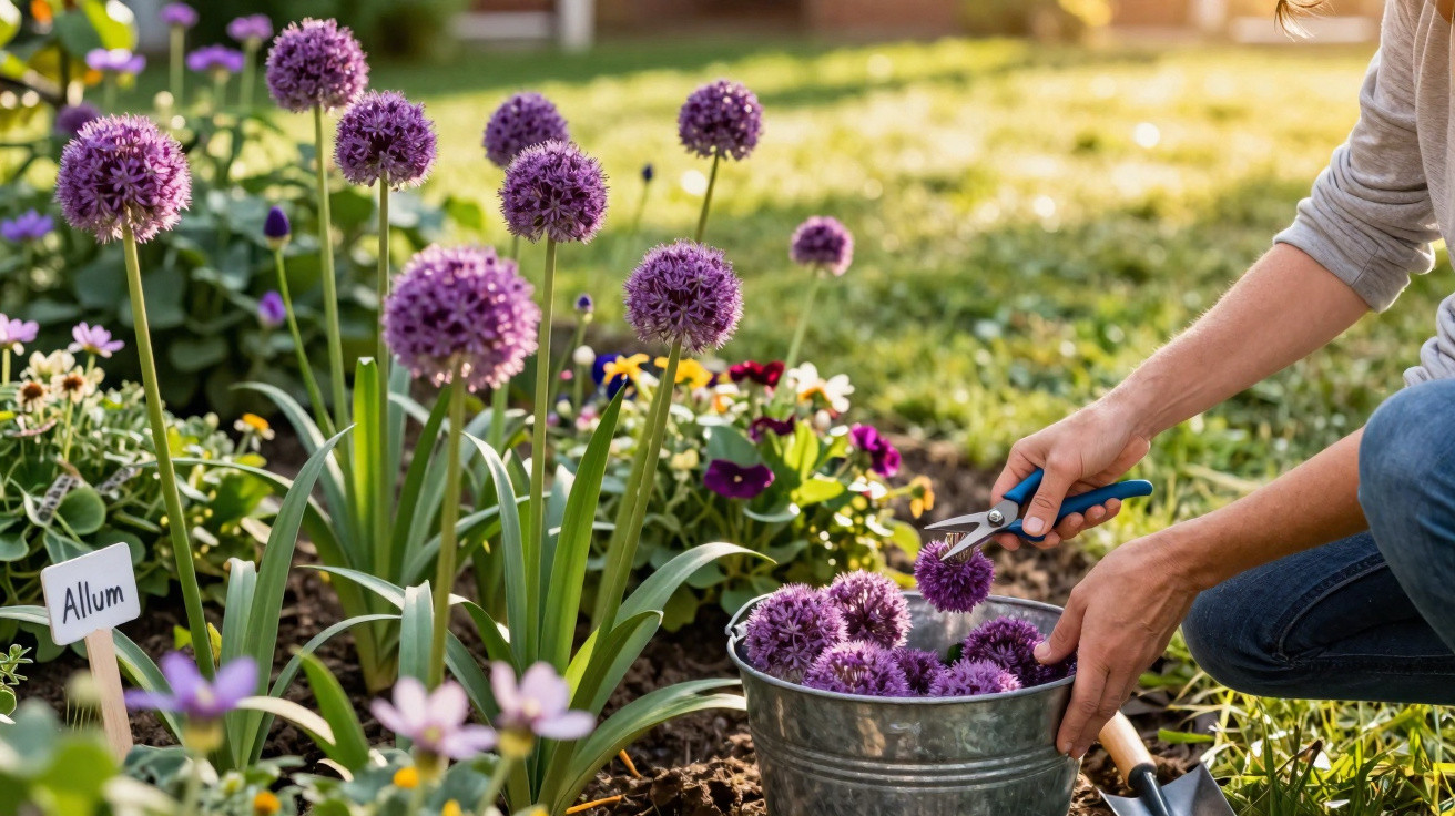 Pessoa colhendo flores roxas Allium em um jardim ensolarado, com regador e pá ao lado.